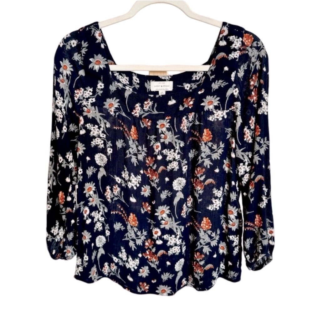🍀Lucky Brand Smocked Square Neck Top Small *EUC! Navy/Floral